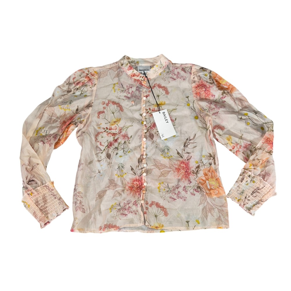 Bailey/44 Womens XS Floral Button Down Blouse Smocked Cuffs Pink Sheer NWT